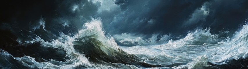 Powerful waves crashing against the dark, stormy sea.