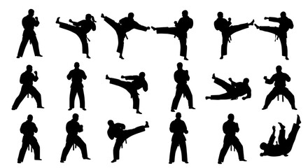 Silhouetted Karate Practitioners in Various Martial Arts Poses, Black Uniforms.