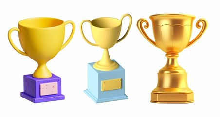 Three distinct 3D rendered trophies in gold and yellow, varying in design and base.