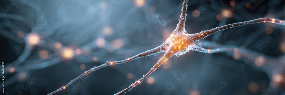Poster bright nerve cell in focus illustrating overstress amid blurred surrounding cells in a scientific re