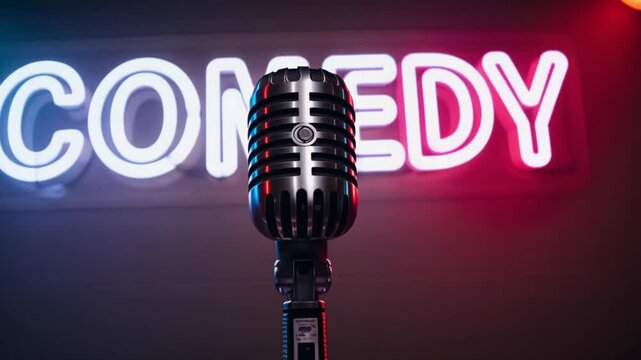  A retro microphone stands center stage under dramatic lighting, with the word COMEDY illuminated in bold neon lights behind it, casting a warm glow