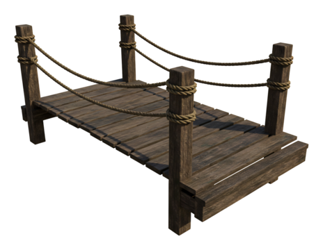 古風な木製の小橋 頑丈なロープ付き 静かに揺れる