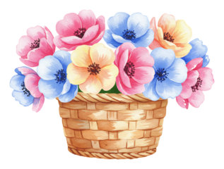 色鮮やか花束 カゴに優しく盛る 春の香り漂う