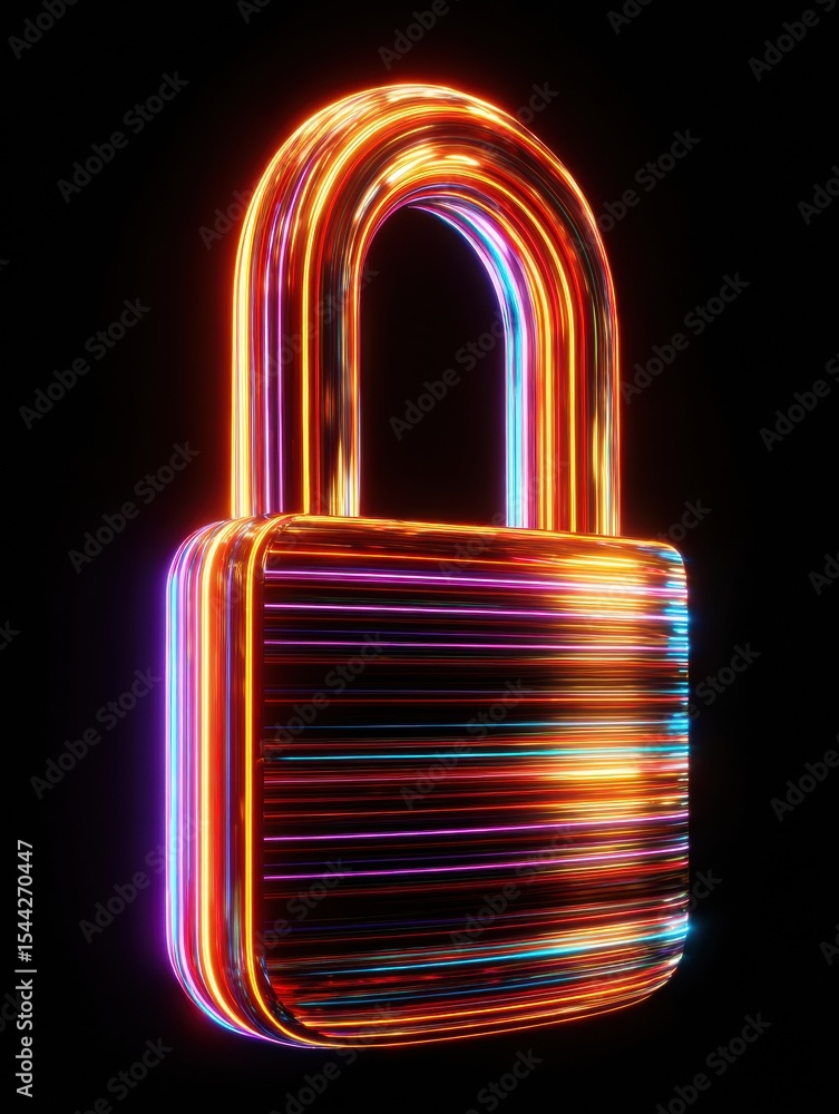 Aufkleber dynamic abstract padlock with vibrant neon lines creating a futuristic appearance against a dark bac