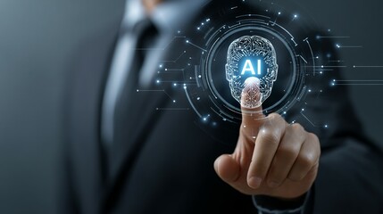 AI agent and generative artificial intelligence. Robotic processes automation and data analysis. Businessman touching head and AI icon on application network system