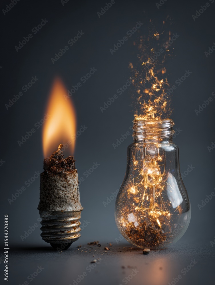Poster burning fuse igniting sparks within a glass vessel in a dimly lit space