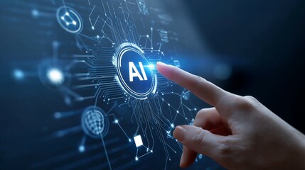 AI agent and generative artificial intelligence. Robotic processes automation and data analysis. Businessman touching head and AI icon on application network system