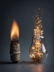 Burning Fuse Igniting Sparks Within a Glass Vessel in a Dimly Lit Space