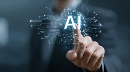 AI agent and generative artificial intelligence. Robotic processes automation and data analysis. Businessman hand touching  AI brain icon on application network system