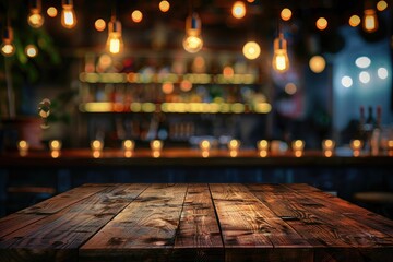 Detailed Visual  of Wood Table Top Bar with Blur Dark Night Cafe Background
