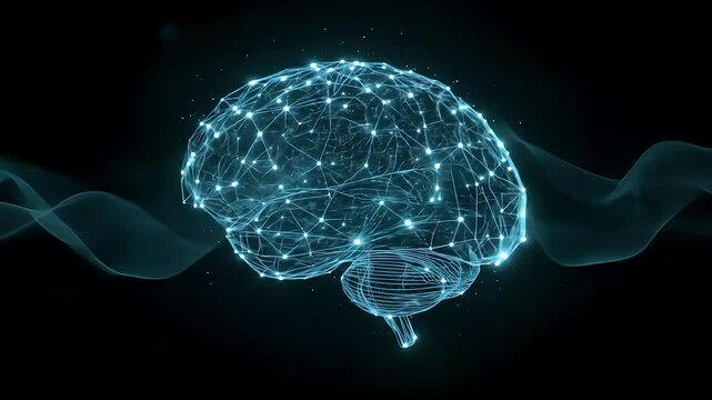 Digital brain with connected dots and lines against a dark background with waves design - Powered by Adobe