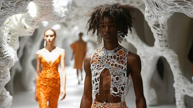 Runway model in avant-garde orange and white knitwear
