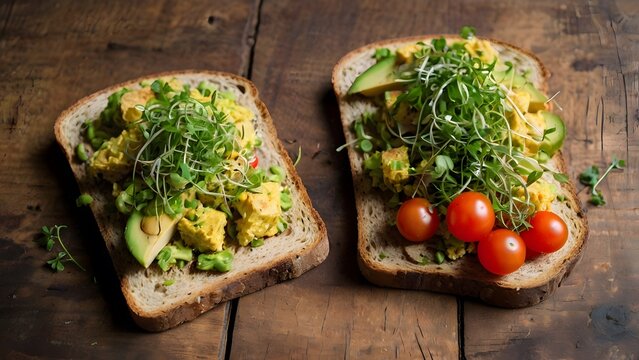 Flatlay of avocado toast with tofu scramble cherry tomatoes and sprouts on rustic wooden board surface