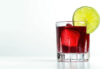 High Detail Picture of a Glass of Red Liquid with a Lime Wedge on it with White Background