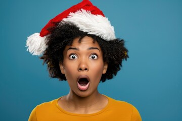 Sharp Picture of Young Black Woman Wearing a Santa Hat Surprised and Shocked
