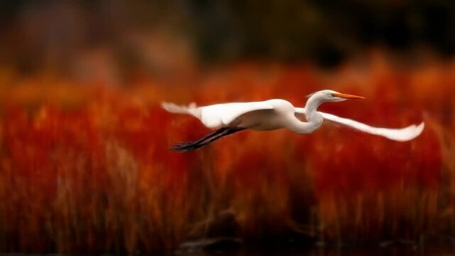 Great Egret in Autumn Flight.
