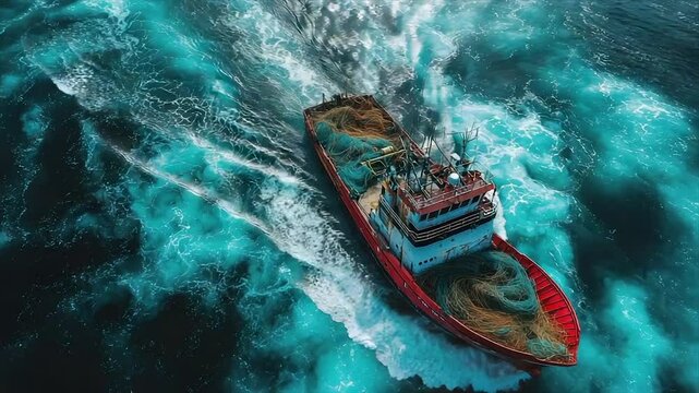 Aerial view of a fishing trawler navigating turbulent ocean waters, its deck laden with fishing nets and catch