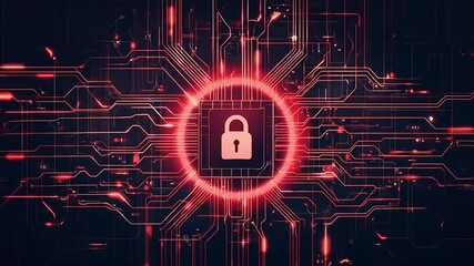 Red Cybersecurity Animation with Digital Padlock and Futuristic Circuit Board
- Powered by Adobe