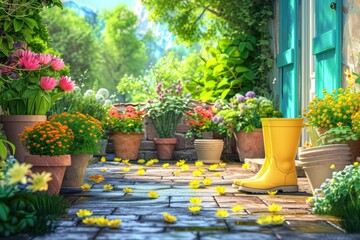 Ultra Quality Picture of Sunny Spring or Summer Garden with Flowerpots