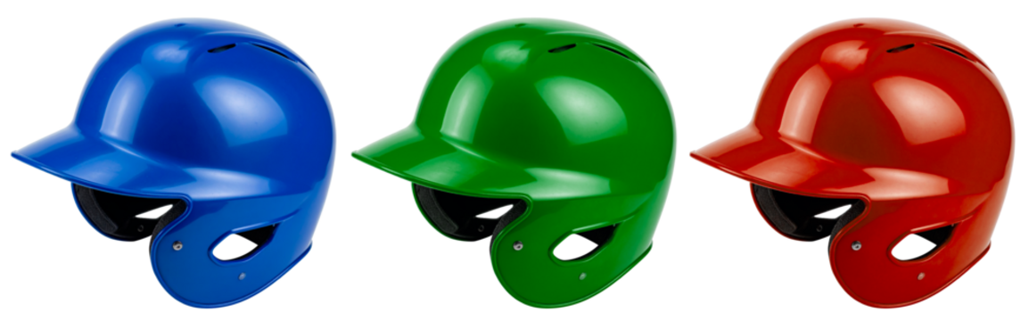blue, green and red baseball helmet isolated on white background