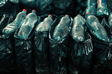 Detailed Color Picture of Used Plastic Bottles Are Stored in Black Bags for Recycle
