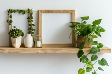 Wooden Shelf with Beautiful Green Houseplant and Photo Frames on White Wall