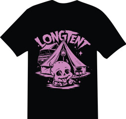 Black T-Shirt with Pink Cartoon Devil Skull Camping Design