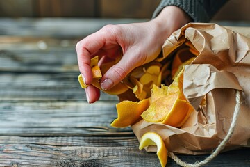 Womans Hand Depositing Fruit Peels in Paper Bag on Wooden Background Recycling Concept