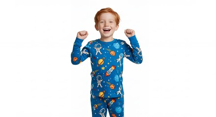 Child in space themed pajamas smiling