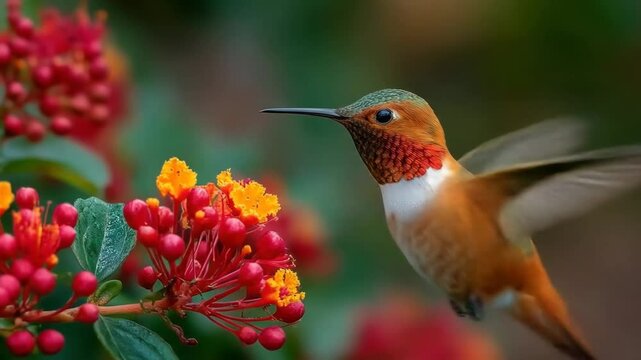 Hummingbird feeding with garden flowers.
