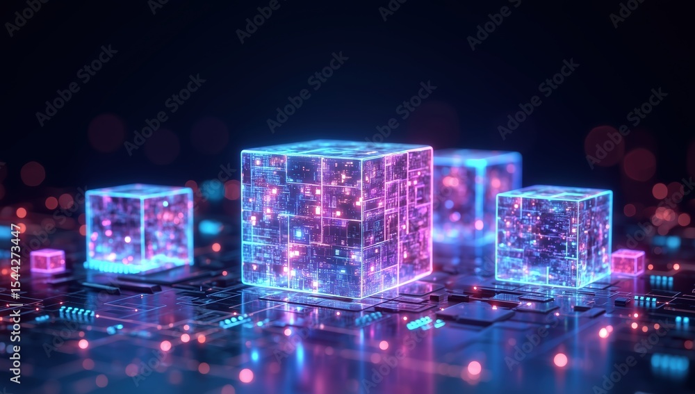 Aufkleber 3d rendering of glowing holographic cubes interconnected with digital circuit boards and network lin