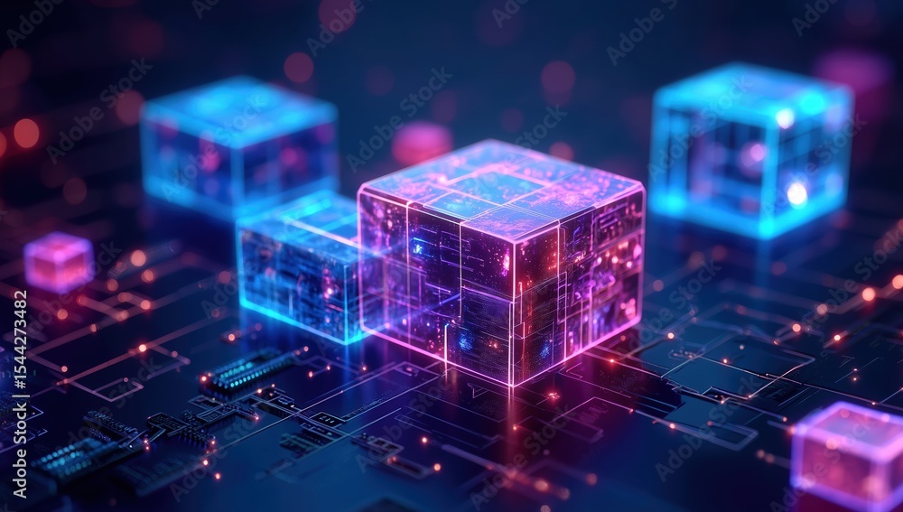 Aufkleber 3d rendering of glowing holographic cubes interconnected with digital circuit boards and network lin