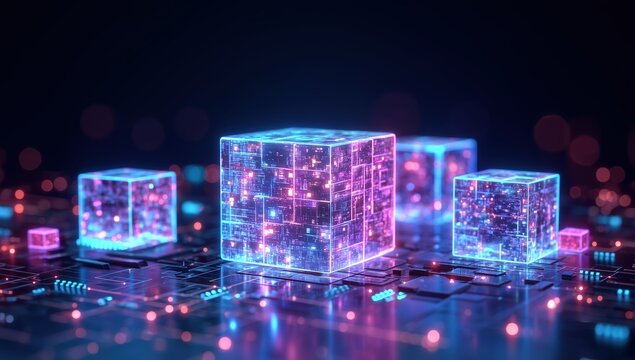 3D rendering of glowing holographic cubes interconnected with digital circuit boards and network lines on dark background, abstract geometric design in blue, pink, and purple neon colors with light ef - Powered by Adobe