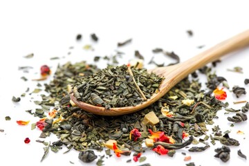 ultra HD image of Spoon and green tea with aromatic additives on a white background