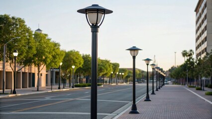 AI integration in daily life concept. A serene urban street lined with trees and stylish lamp posts under a clear sky.