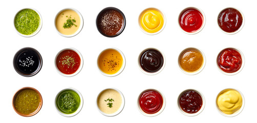 Different types of sauce in small bowls, Depictions of different types of sauces in small bowls, isolated on a transparent background