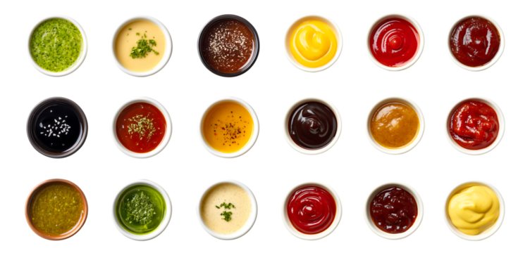 Different types of sauce in small bowls, Depictions of different types of sauces in small bowls, isolated on a transparent background