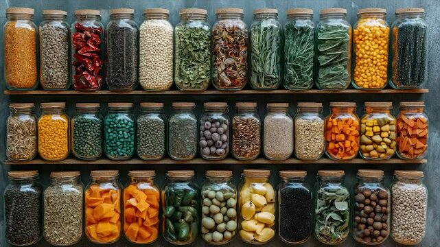 Assorted dried foods in glass jars