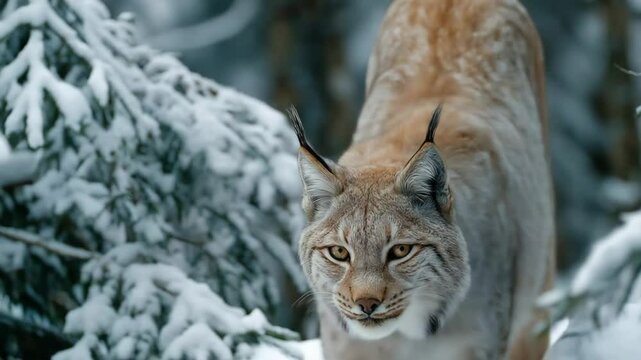 Lynx in snowy winter forest.