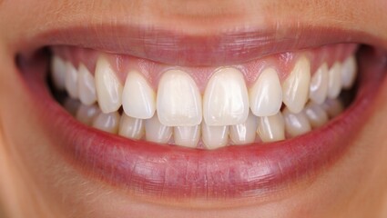 Close-up of healthy white teeth and smiling lips
