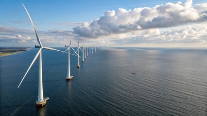 Offshore wind turbines generating clean energy over calm ocean

