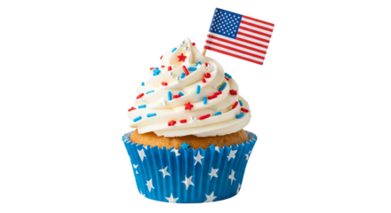 Festive patriotic cupcake adorned with an American flag and red, white, blue sprinkles, perfect for Fourth of July, Memorial Day, national holiday celebrations, or bakery promotions,