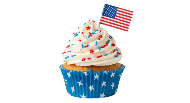 Festive patriotic cupcake adorned with an American flag and red, white, blue sprinkles, perfect for Fourth of July, Memorial Day, national holiday celebrations, or bakery promotions,