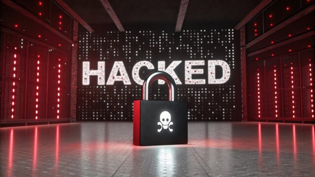 Cybersecurity breach with digital lock and hacked message in data center
