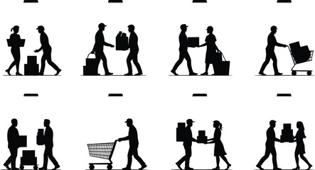 Silhouettes of people carrying boxes and shopping carts on white background