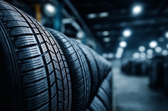 Close-up view of stacked car tires in a warehouse showcasing tire tread depth and texture.