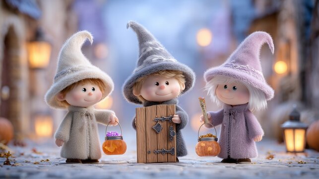 Halloween celebration enchanted village digital art whimsical setting playful perspective mischief and magic