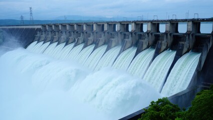 Massive hydroelectric dam releasing powerful water flow
