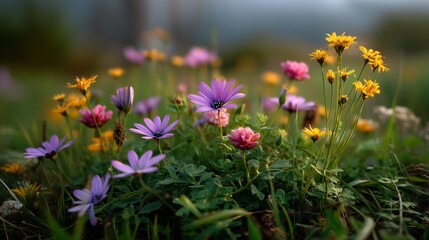 Obraz premium Vibrant wildflowers bloom with golden glow on rolling meadow field. AI generated.