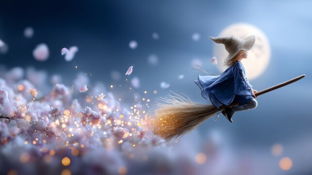 Magical witch flying on a broomstick under the moonlight fantasy scene nighttime enchanted environment dreamlike view